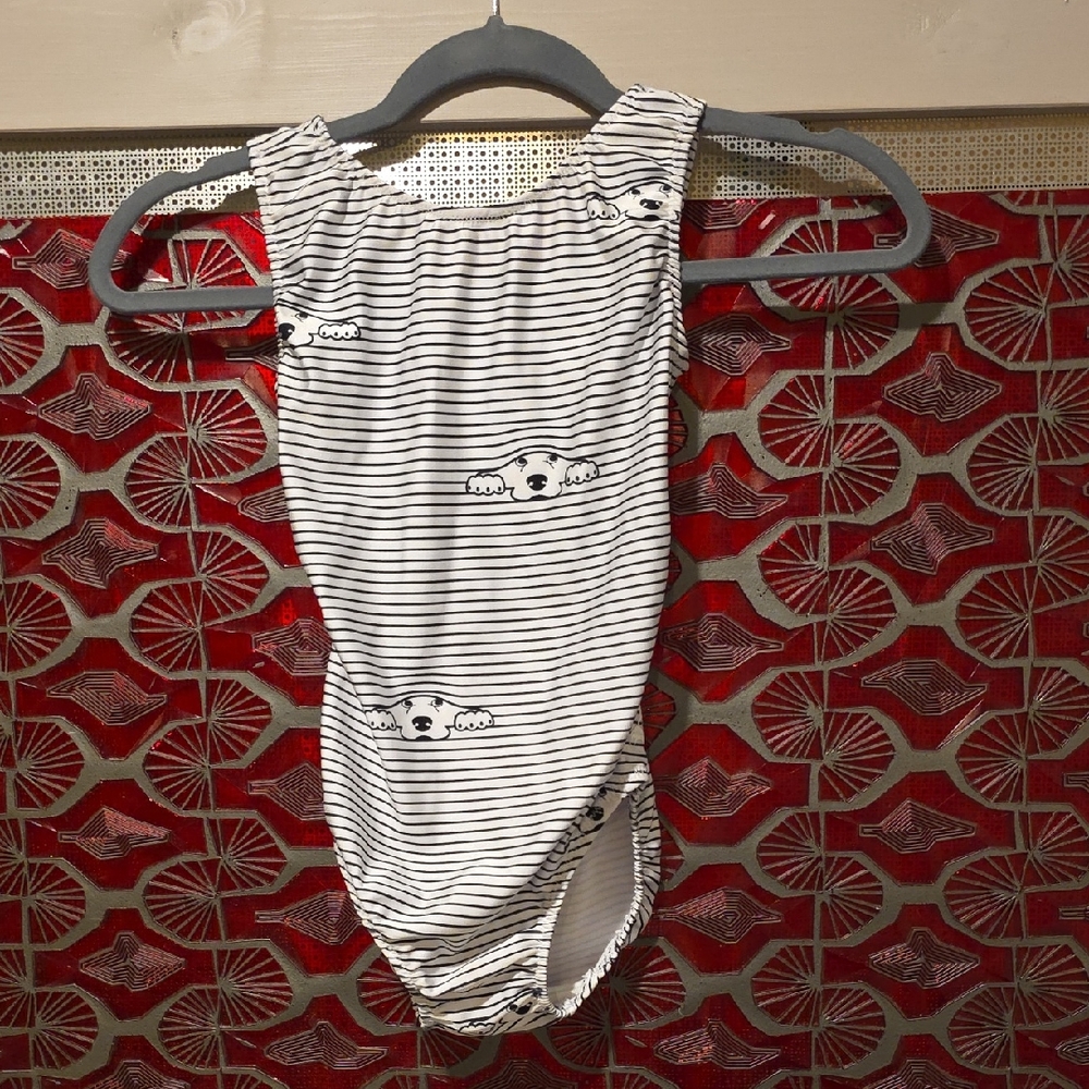 Foxy's Open Back Striped Peek-a-boo Dog Print Leotard